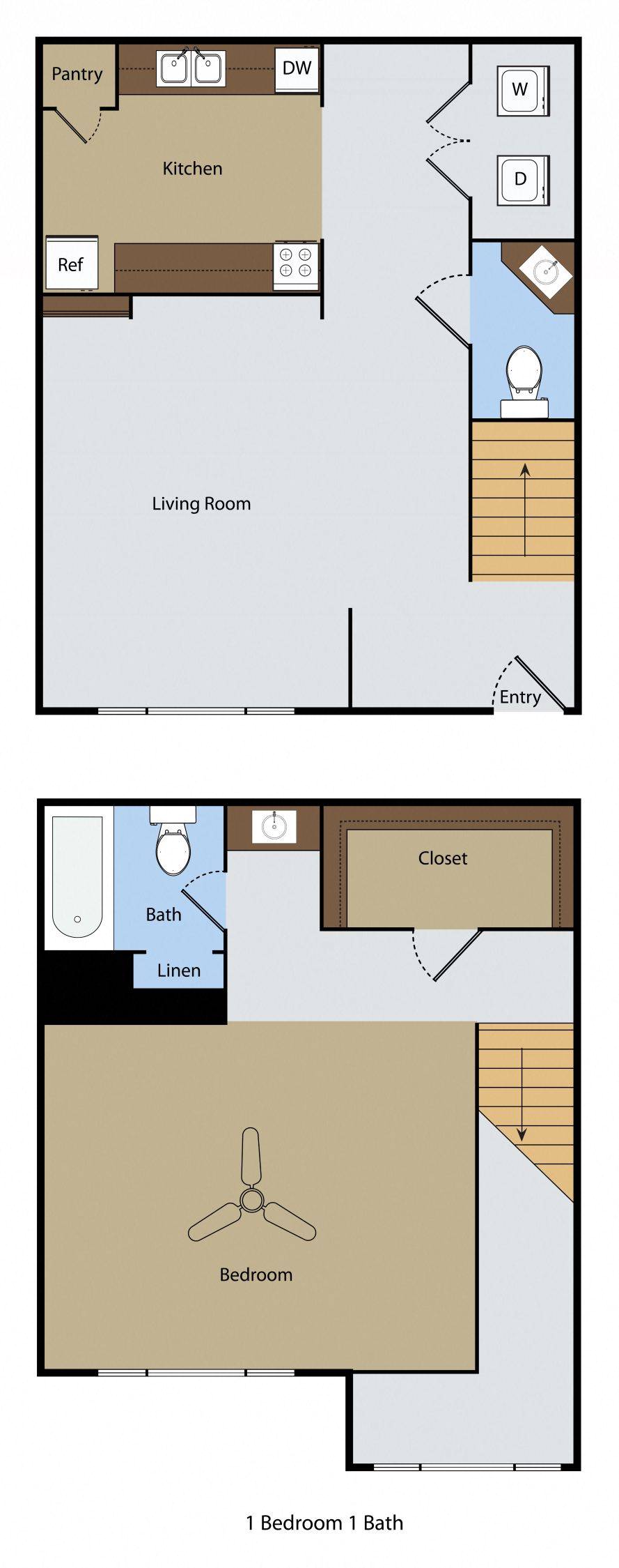 Floor plan for 1 bed, 1.5 baths, 830 sqft